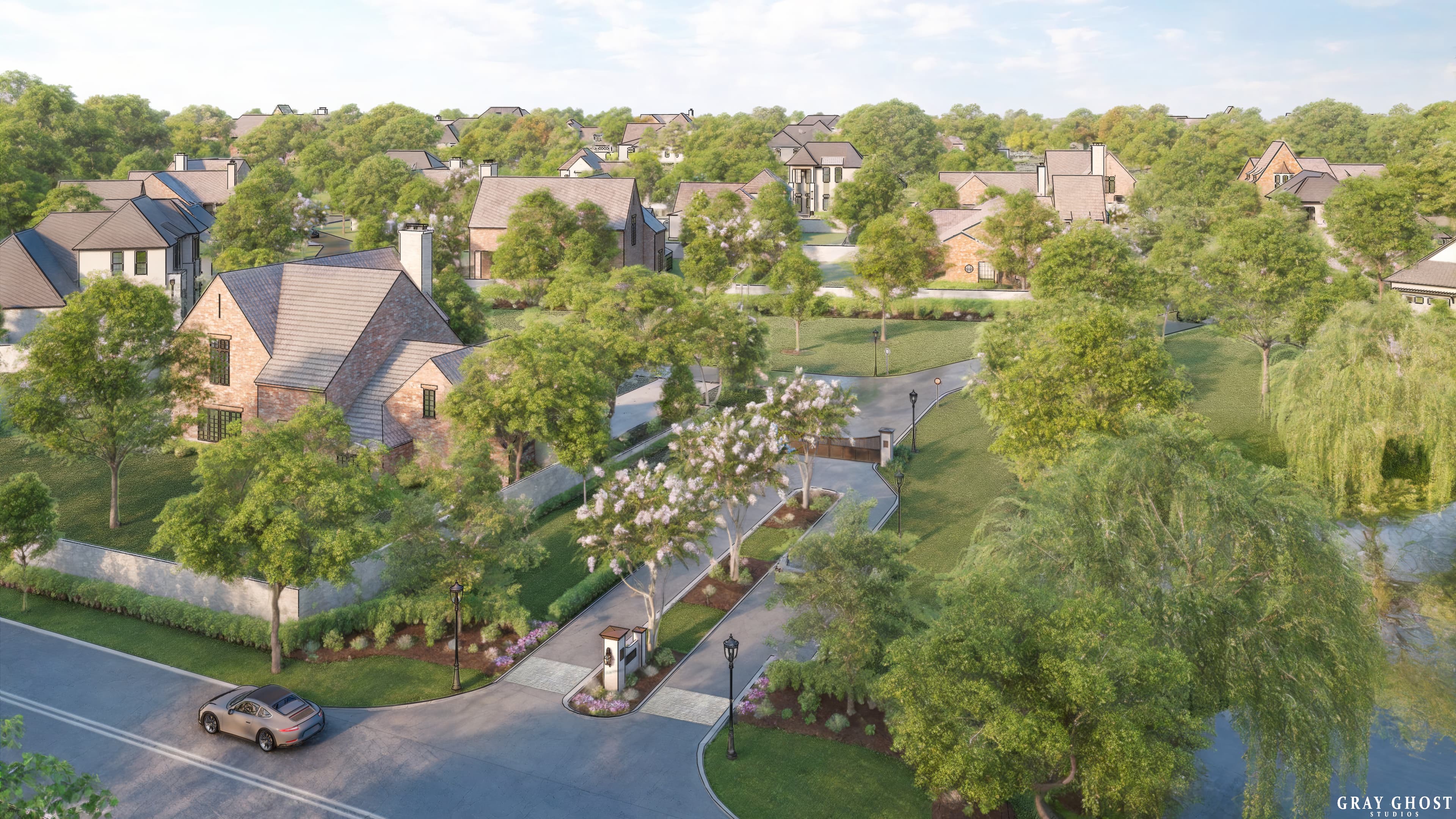Aerial view of Highlake Baton Rouge — luxury estate community on Highland Road